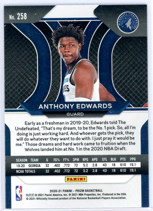Anthony Edwards Timberwolves Panini 2020-21 Prizm Rookie Card #258