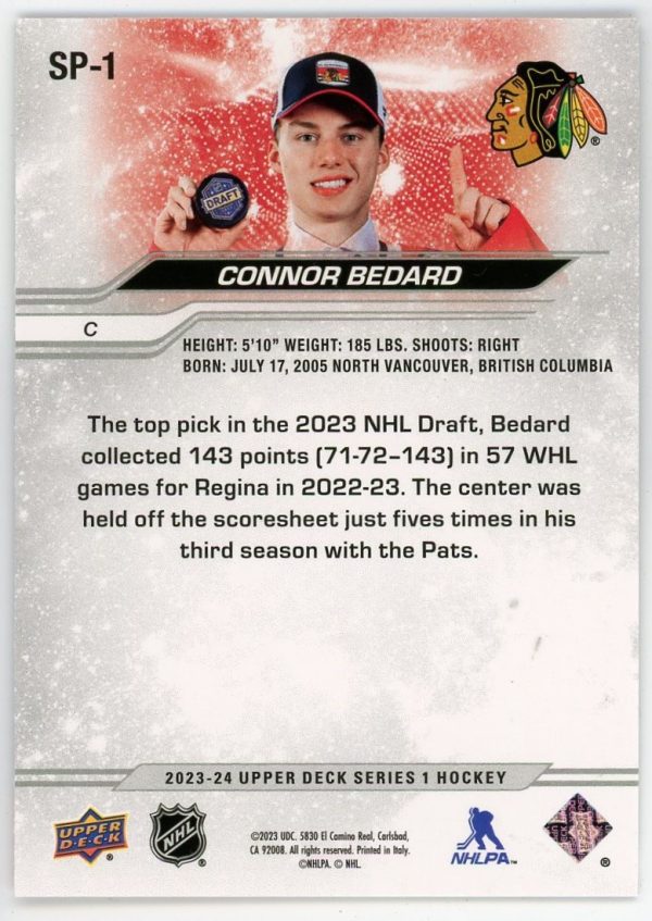 Connor Bedard 2023-24 Upper Deck Series 1 Draft Picks #SP-1