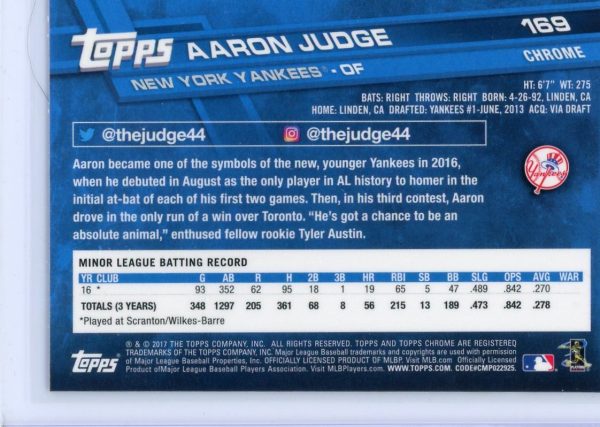 Aaron Judge Yankees Topps 2016-17 Chrome Rookie Card #169