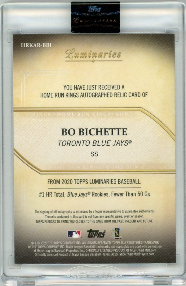 Bo Bichette Blue Jays 2020 Topps Luminaries Home Run Kings 1/1 Auto Patch Rookie Card #HRKAR-BBI