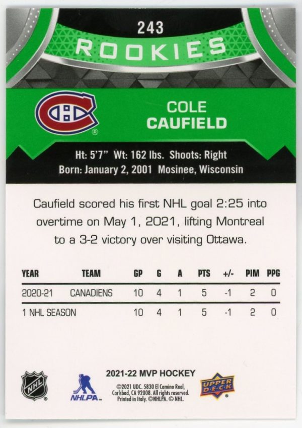Cole Caufield 2021-22 Upper Deck MVP Green Scripts Rookie Card #243