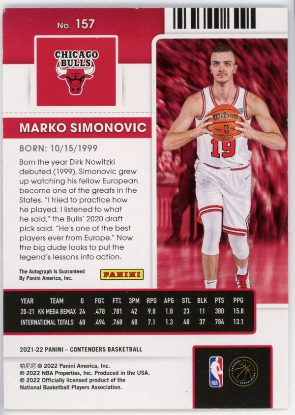 2021-22 Marko Simonovic Bulls Panini Contenders Rookie Ticket Auto Card #157