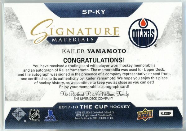 Kailer Yamamoto Oilers 2017-18 The Cup Signature Materials RPA Rookie Patch Auto /99 Card #SP-KY