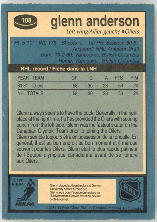 Glenn Anderson Oilers OPC 1981-82 Rookie Card #108