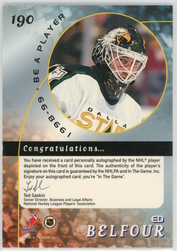 Ed Belfour Stars 1998 ITG Be A Player Autograph Card #190