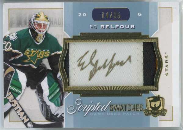 Ed Belfour Stars 2014-15 UD Scripted Swatches Auto Game-Worn Patch /35 Card #SW-EB