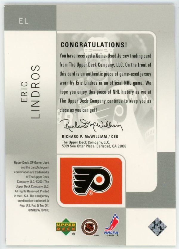 Eric Lindros 2000-01 UD SP Game Used Tools Of The Game Jersey Card EL