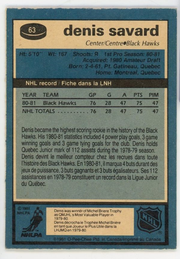 Denis Savard 1981-82 O-Pee-Chee Rookie Card #63