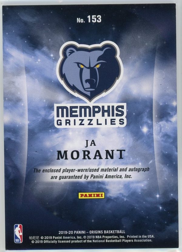Ja Morant Grizzlies 2019-20 Panini Origins RPA Rookie Patch Auto Card #153