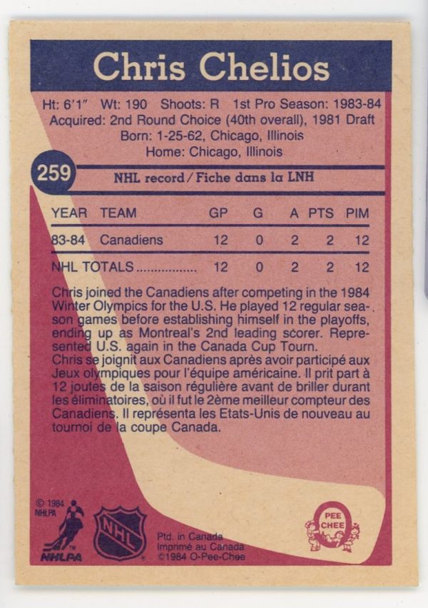 Chris Chelios 1984-85 O-Pee-Chee Rookie Card #259