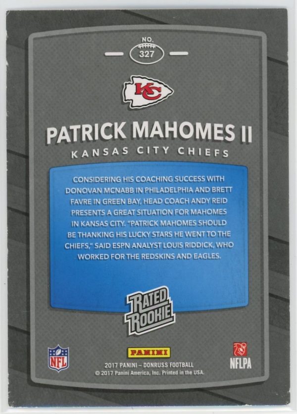 Patrick Mahomes II Chiefs 2017 Donruss Rated Rookie Card #327