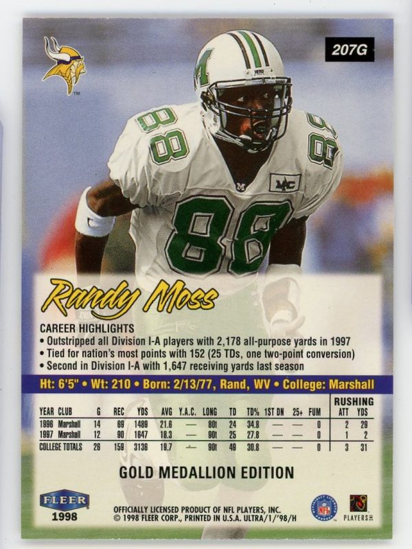 Randy Moss 1998 Fleer Ultra Gold Medallion Rookie Card #207G