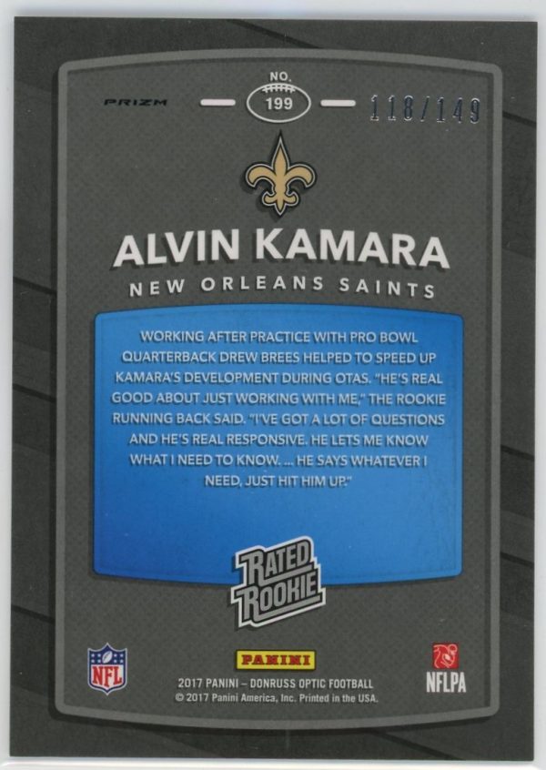 Alvin Kamara Saints 2017 Donruss Optic Blue Rated Rookie /149 Card #199