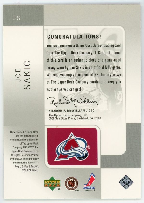 Joe Sakic 2000-01 UD SP Game Used Tools Of The Trade Jersey Card JS