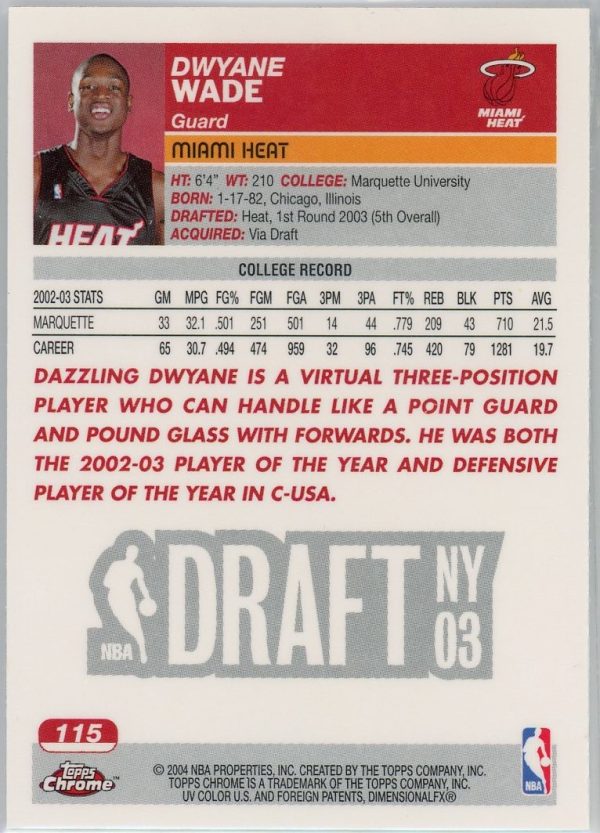 Dwayne Wade Heat Topps Chrome 2004 Draft Pick #5 Rookie Card #115