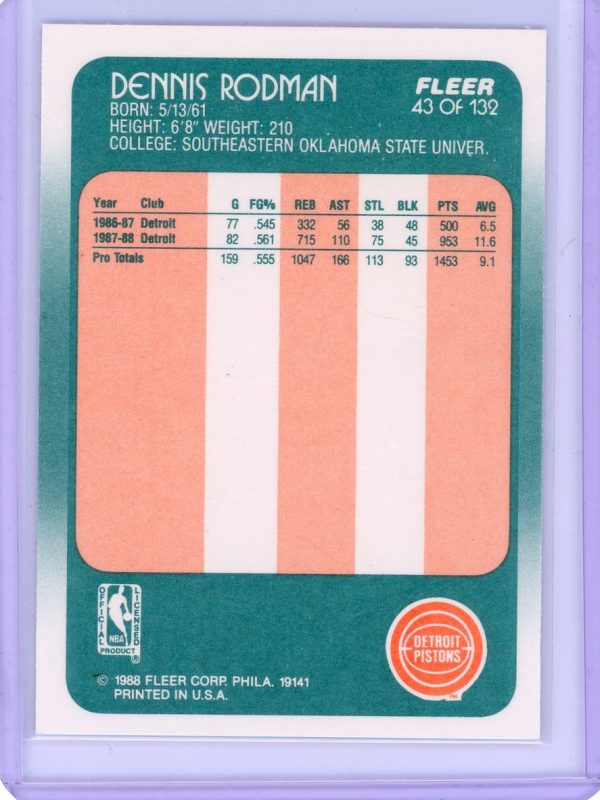 1988 Denis Rodman Pistons Fleer Rookie Card #43