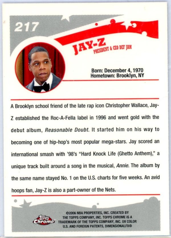 Jay-Z President & CEO Def Jam Topps 2006-07 Chrome Rookie Card#217