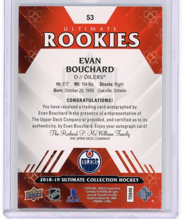 Evan Bouchard Oilers 2018-19 UD Auto Ultimate Rookie Card #53 036/299