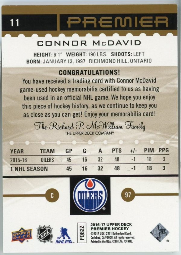 Connor McDavid Oilers 2016-17 UD Premier Game-Worn Premium Patch 3/5 Card #11