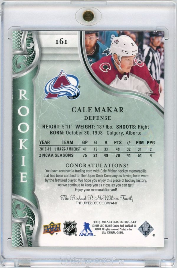 Cale Makar Avalanche 2019-20 UD Artifacts Gold Dual Jersey Rookie Card #161 284/499