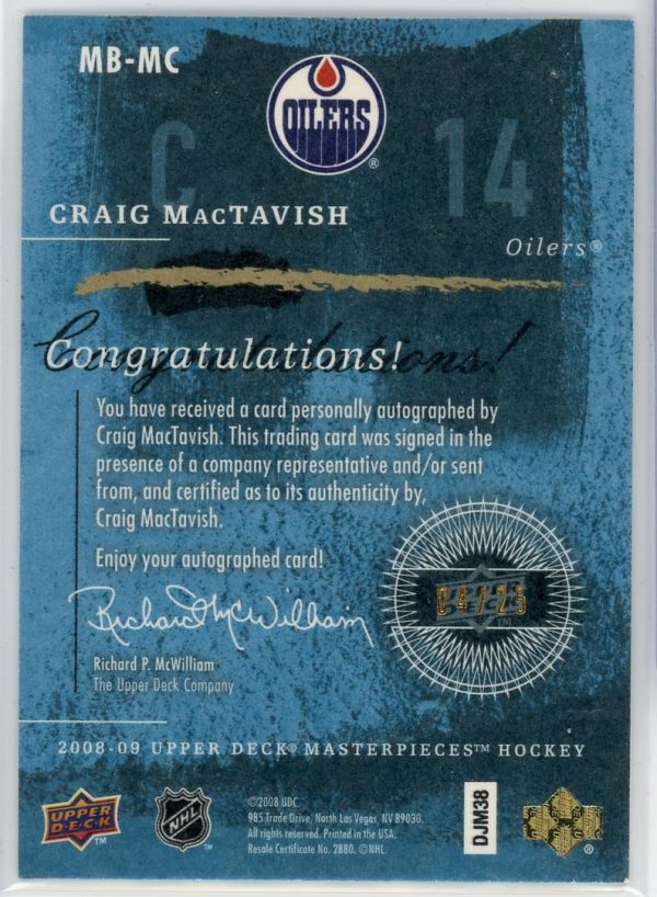 2008-09 Craig MacTavish Oilers UD Masterpieces /25 Auto Card #MB-MC