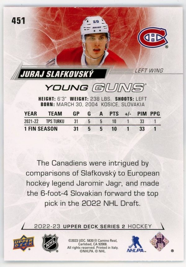 Juraj Slafkovsky 2022-23 Upper Deck Series 2 Young Guns #451