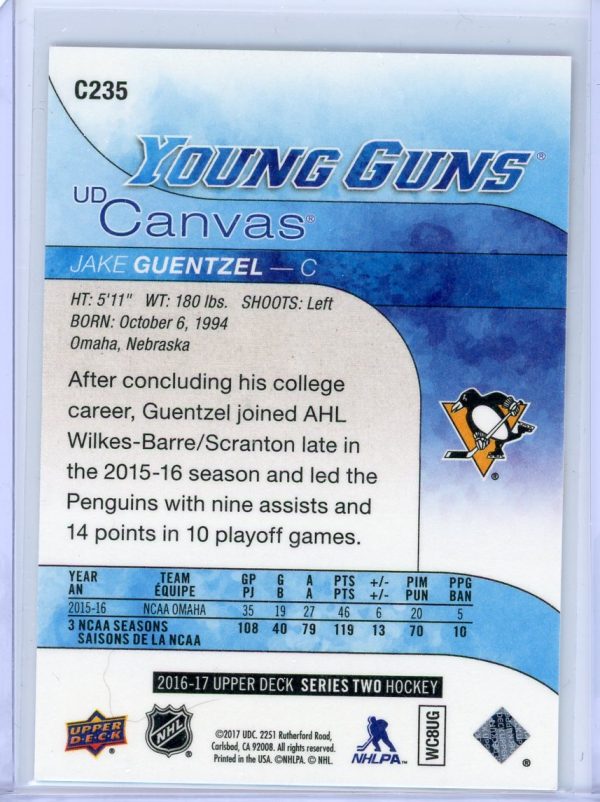 Jake Guentzel Penguins 2016-17 UD Canvas Young Guns Rookie Card #C235