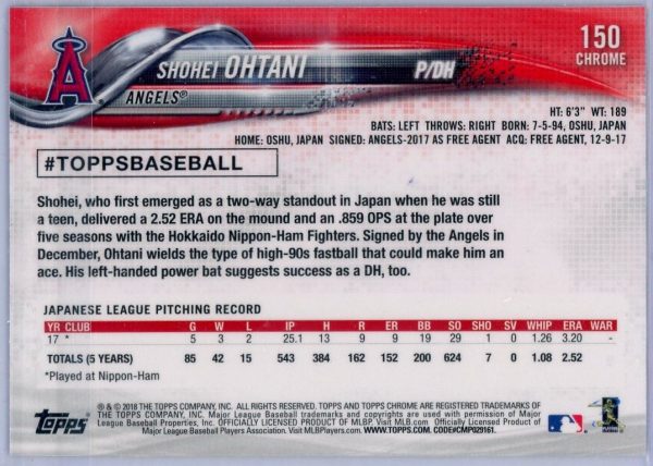 Shohei Ohtani Angels Topps 2018 Chrome Rookie Card#150