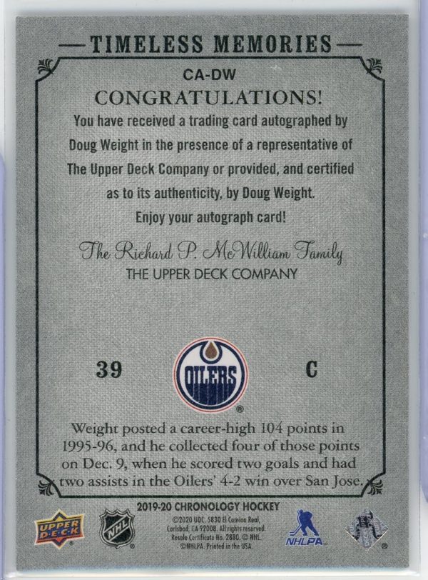 2019-20 Doug Weight Oilers UD Chronology Auto Card # CA-DW