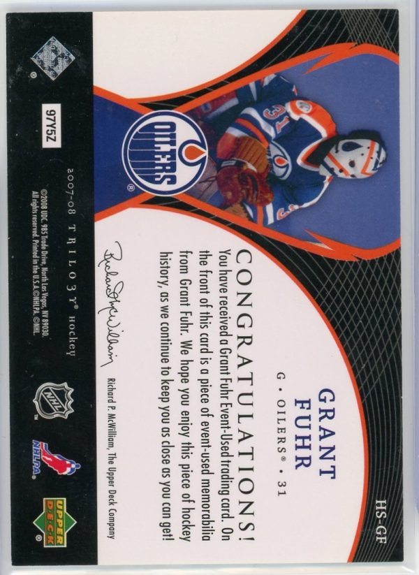 2007-08 Grant Fuhr Oilers UD Trilogy Honorary Swatches Patch Card #HS-GF