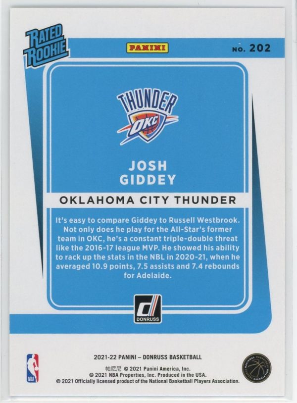 2021-2022 Josh Giddey Thunder Panini Donruss Rated Rookie Card #202