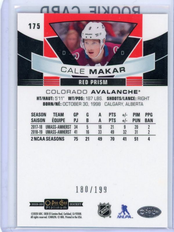 Cale Makar Avalanche 2019-20 OPC Platinum Red Prism Marquee Rookie Card #175 180/199