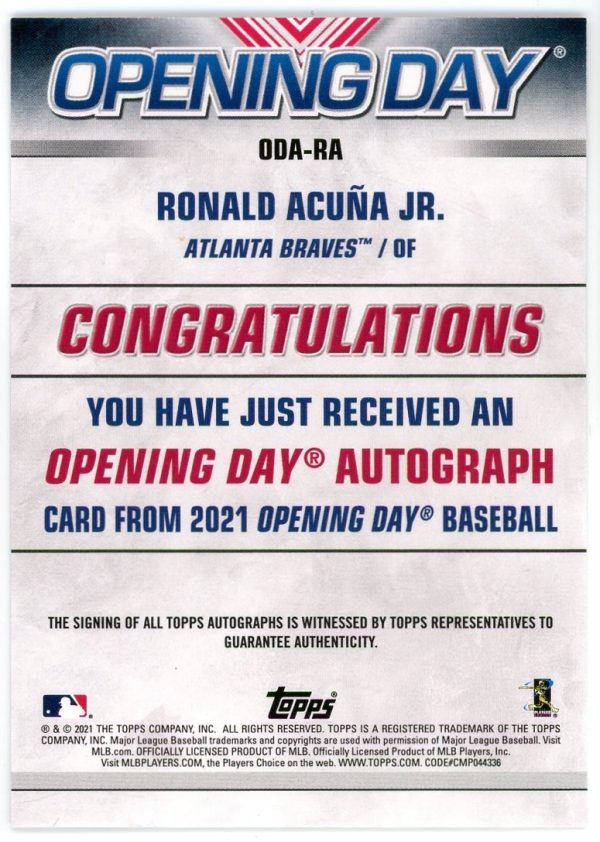 Ronald Acuna Jr. Braves 2021 Topps Opening Day Auto Card #ODA-RA