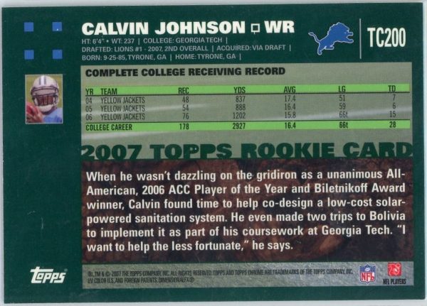 Calvin Johnson Lions Topps 2007 Rookie Card #TC200