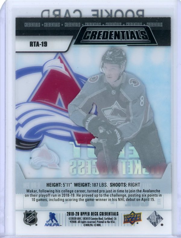 Cale Makar Avalanche 2019-20 UD Credentials Debut Ticket Access Acetate Rookie Card #RTA-19 33/99