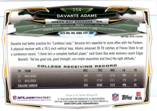 Davante Adams Packers Topps Chrome 2014 Rookie Card #114
