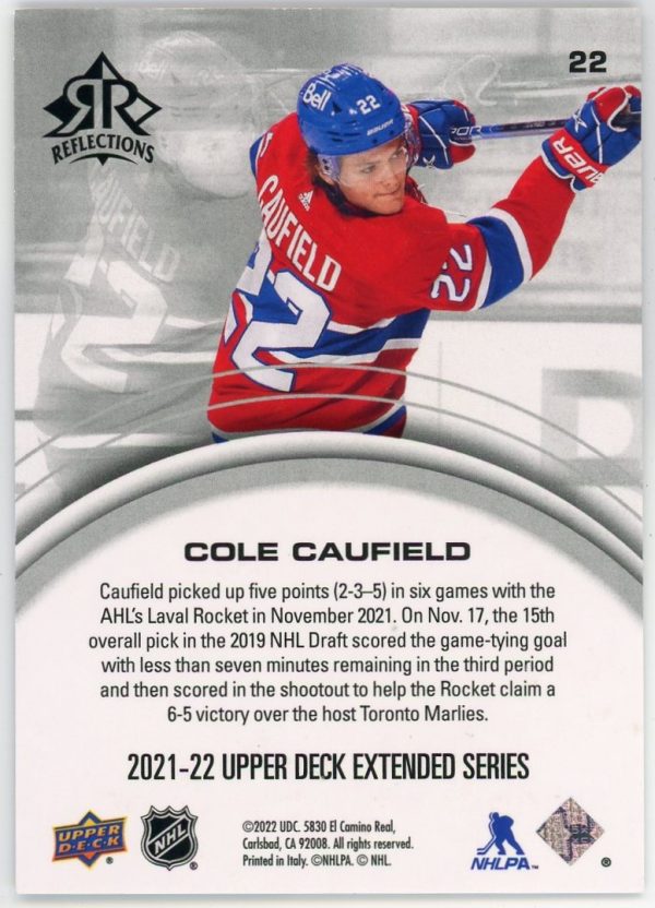 Cole Caufield 2021-22 UD Extended Series Reflections Amethyst Rookie Card /300 #22