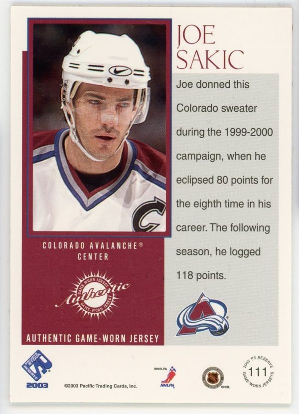 Joe Sakic 2003 Pacific Private Stock Jersey Card /975 #111