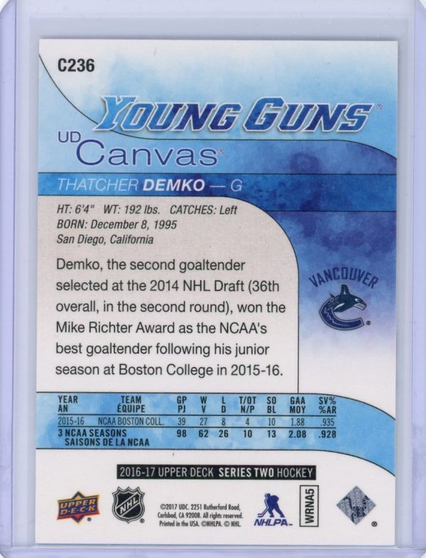 Thatcher Demko Canucks 2016-17 UD Canvas Young Guns Rookie Card #C236