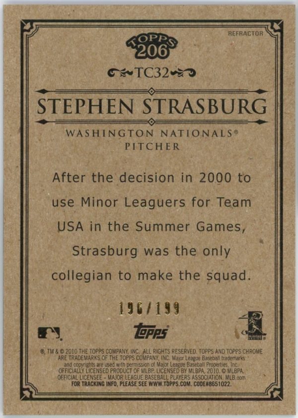 Stephen Strasburg Nationals 2010 Topps Chrome 206 Blue Refractor /199 Rookie Card #TC32