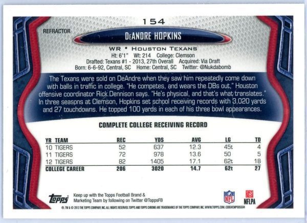 DeAndre Hopkins Texans Topps Chrome 2013 Rookie Card #154