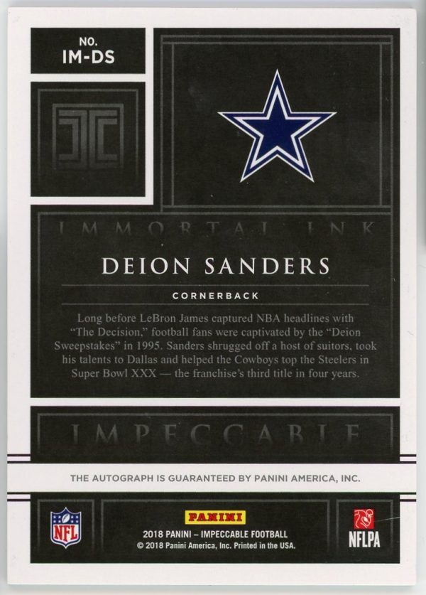 Deion Sanders Cowboys 2018 Impeccable Immortal Ink Auto /10 Card #IM-DS