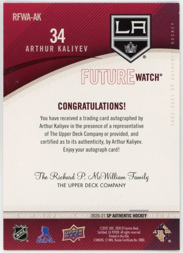 2020-21 Arthur Kaliyev Kings UD SP Authentic Future Watch Auto /399 Rookie Card #RFWA-AK
