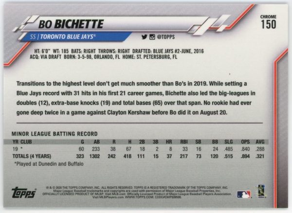 Bo Bichette Blue Jays 2020 Topps Chrome Rookie Card #150