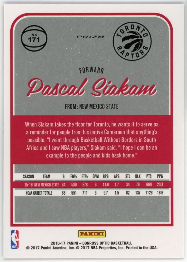 Pascal Siakam Raptors 2016-17 Donruss Optic Holo Prizm Rookie Card #171