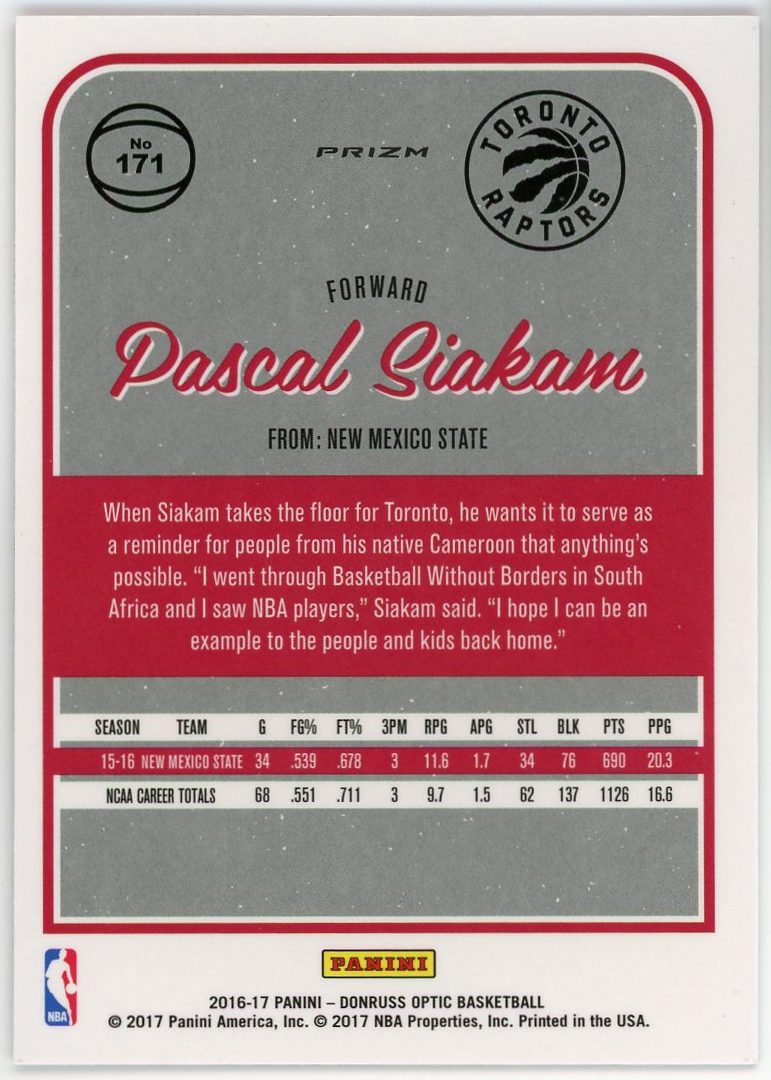 Basketball Rookie Card 2016-17 Donruss #171 Pascal Siakam Toronto Raptors 