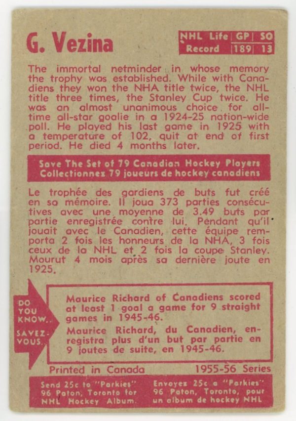 Georges Vezina Canadiens 1955-56 Parkhurst HOF "Oldtime Great" Card #56
