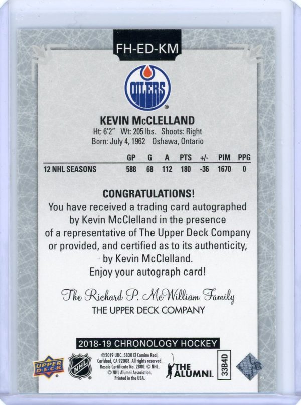 2018-19 Kevin McClelland Oilers UD Chronology Auto Card #FH-ED-KM