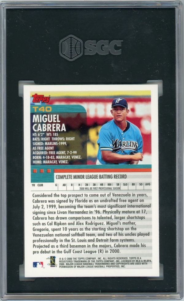Miguel Cabrera Marlins 2000 Topps Traded Rookie Card #T40 SGC 9
