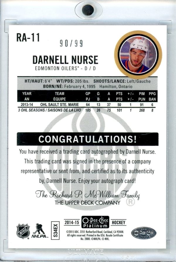 Darnell Nurse Oilers 2014-15 OPC Platinum Silver Refractor Auto /99 Rookie Card #RA-11